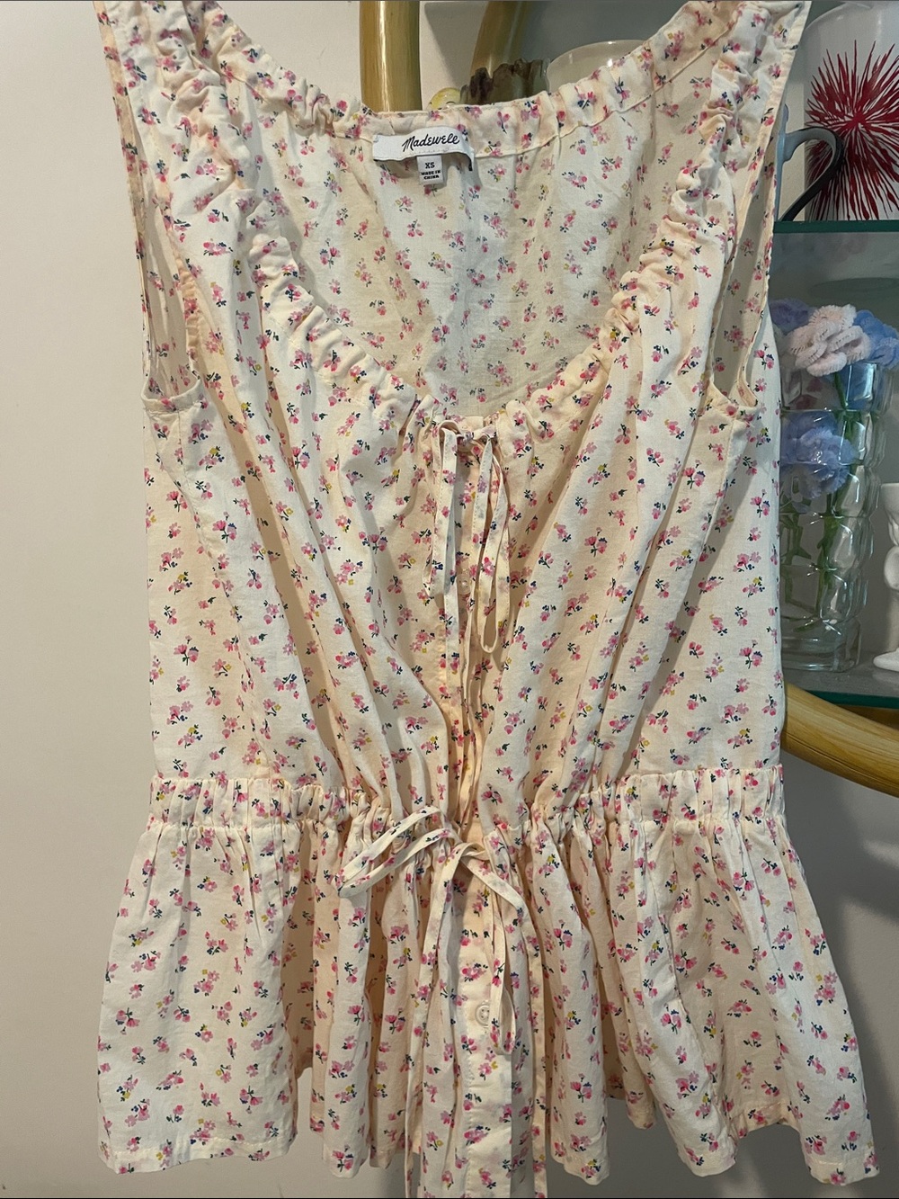 Madewell Cream Floral Tie-Front Peplum Blouse/summer top 000920
